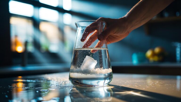 Illustration of ice cubes and coarse salt swirling inside a narrow glass vase to scrub residue from the bottom