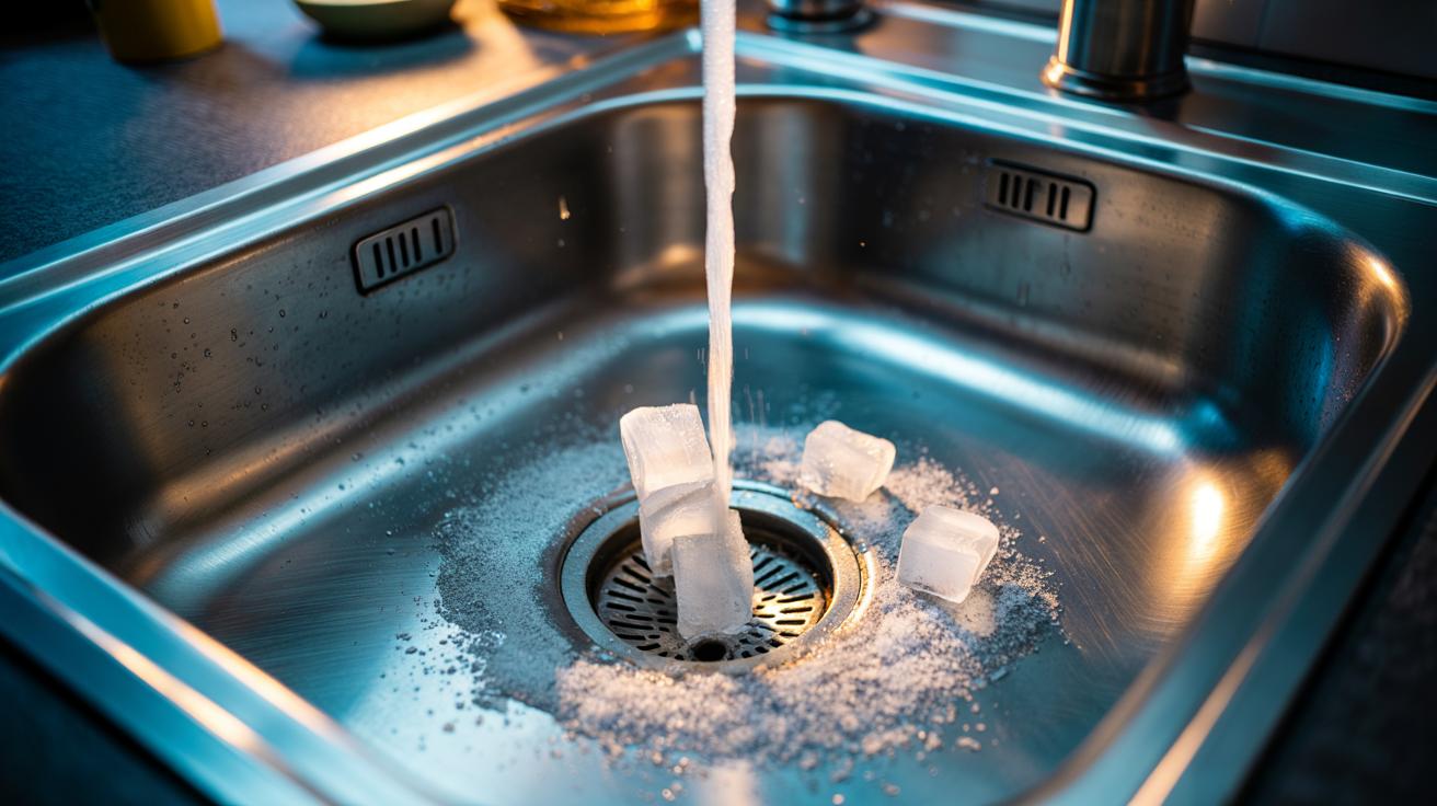 Illustration of ice cubes and coarse salt being fed into a kitchen garbage disposal under running cold water to scour the grind ring