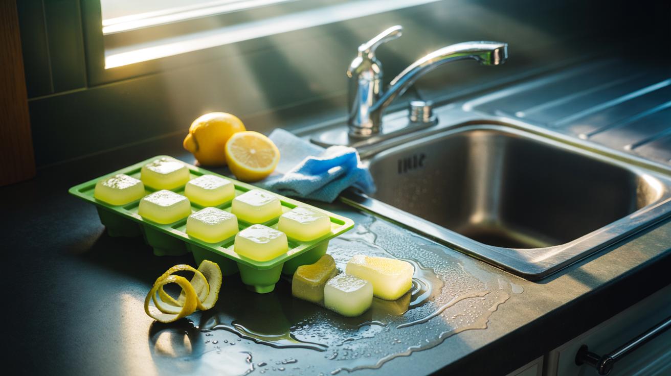 Illustration of an ice cube tray with frozen lemon cleaning cubes melting on a kitchen surface to deodorise and remove grease