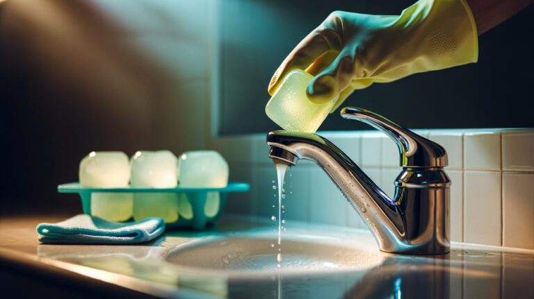 Illustration of vinegar ice cubes in a silicone tray and a hand using a cube to clean a chrome tap