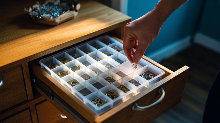 Illustration of an ice cube tray organiser in a drawer, with separate slots holding earrings, screws, and small fixings