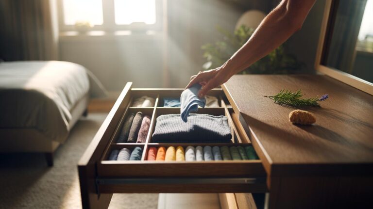 Illustration of a neatly organized drawer with clothes folded vertically using the KonMari method, arranged by color in simple dividers