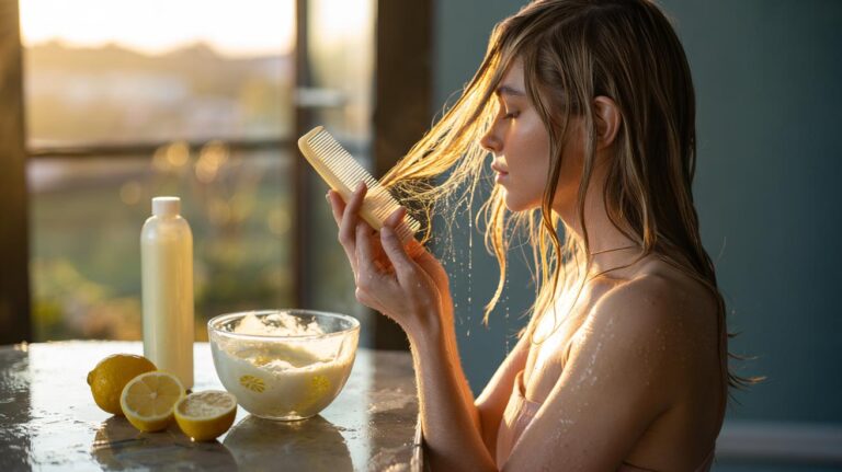 Illustration of lemon juice mixed with conditioner being applied to hair in sunlight to lighten it by one shade