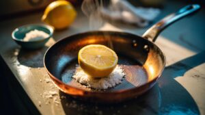 Illustration of a lemon half coated with salt scrubbing a tarnished copper-bottom pan to restore its shine