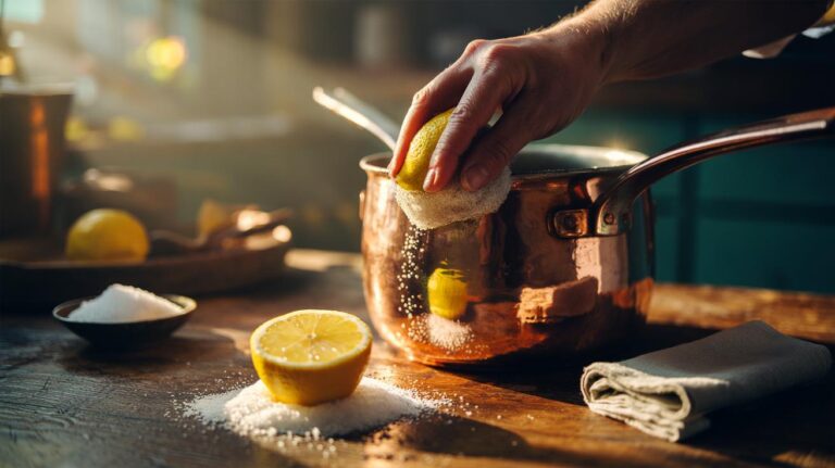 Illustration of a hand polishing a copper pot with a lemon half dipped in salt, revealing a bright, freshly polished surface
