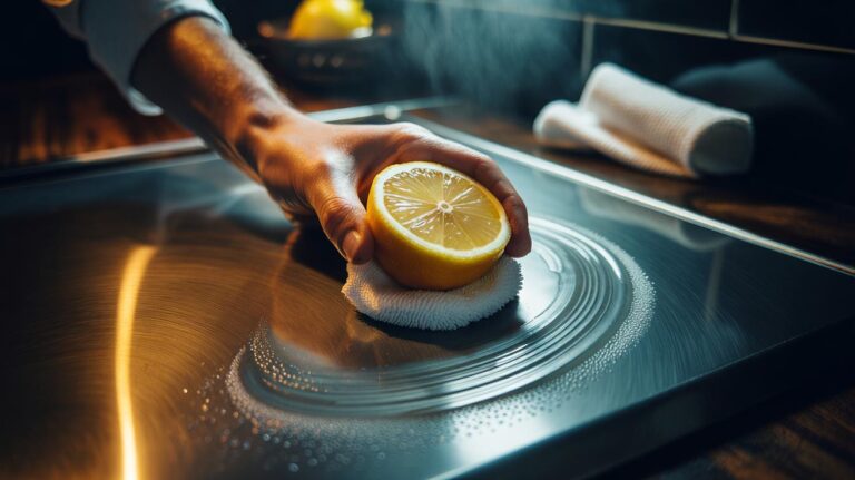 Illustration of a hand cleaning a greasy stainless-steel range hood with a lemon half