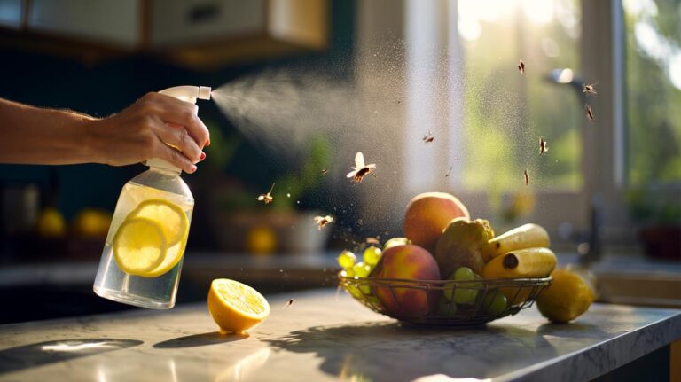 Illustration of a hand misting a lemon juice spray around a kitchen fruit bowl to repel fruit flies by blocking their olfactory radar