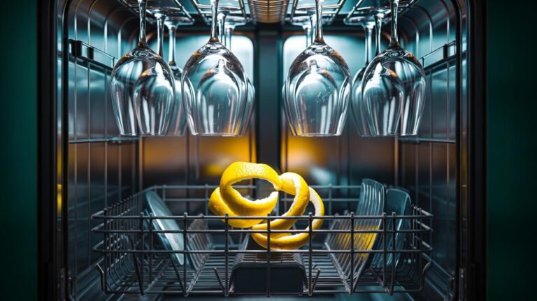 Illustration of a lemon peel placed in a dishwasher cutlery basket to reduce hard-water spots on glassware