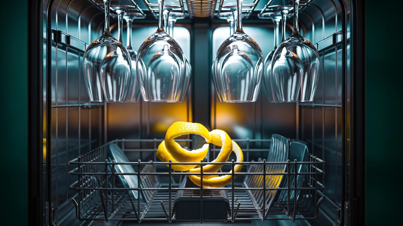 Illustration of a lemon peel placed in a dishwasher cutlery basket to reduce hard-water spots on glassware