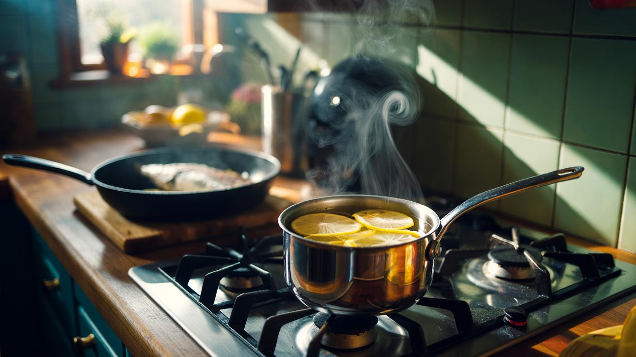 Illustration of a saucepan gently simmering lemon peels, releasing citrus steam to neutralise fish odours in a kitchen