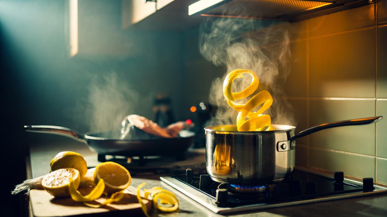 Illustration of lemon peels simmering in a pan on the hob, releasing citrus steam to neutralise fish odour in the kitchen