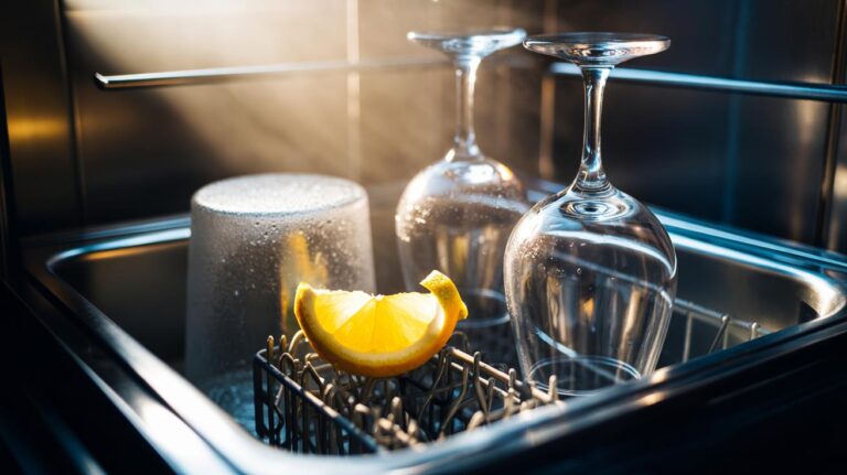 Illustration of a piece of lemon rind in a dishwasher cutlery basket beside clear glasses, using natural oils to cut limescale and boost sparkle