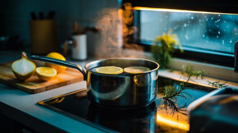 Illustration of lemon rinds simmering in a saucepan on a hob, releasing citrus steam to neutralise onion odour in a kitchen