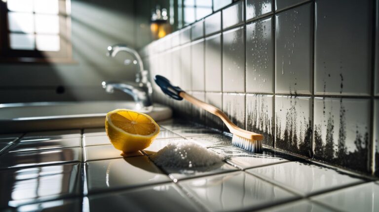Illustration of a lemon-and-salt scrub being applied to bathroom tile grout to whiten it and kill mould naturally