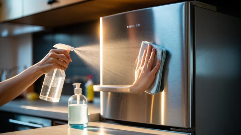 Illustration of a stainless steel refrigerator being cleaned with a 4:1 vinegar-to-dish soap solution, sprayed on and buffed with a microfiber cloth to a mirror-like shine