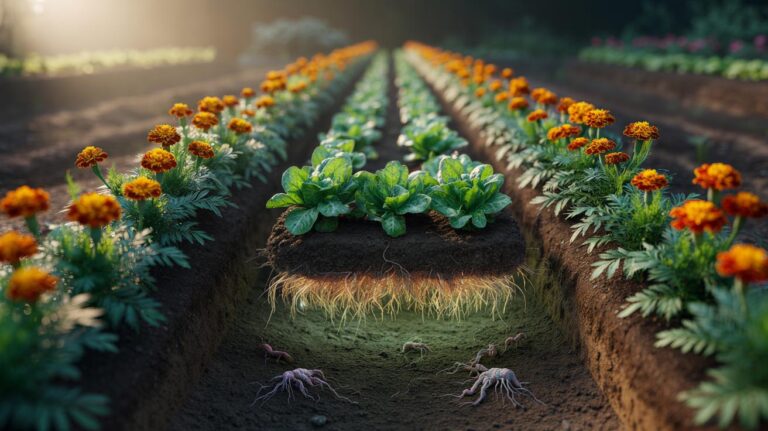 Illustration of a marigold border around a vegetable bed, with roots releasing natural compounds that deter soil nematodes