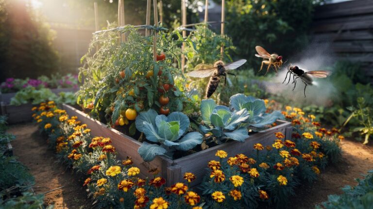 Illustration of marigolds interplanted with tomatoes, peppers, and cabbages in a kitchen garden, their strong scent repelling common pests