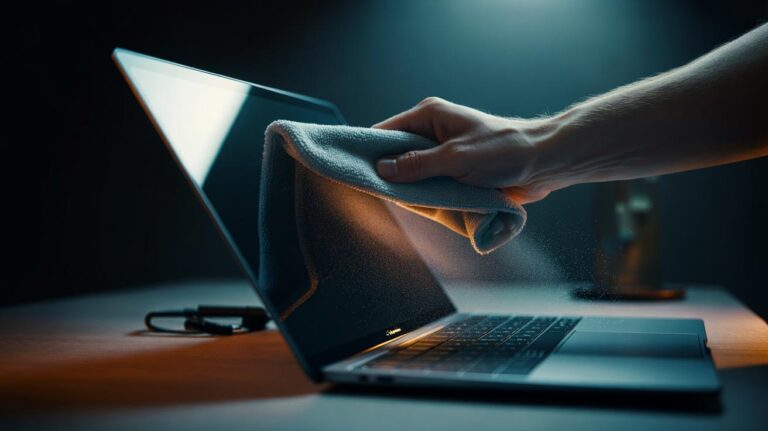 Illustration of a microfibre cloth safely dusting an electronic screen, using static attraction to lift particles without scratches