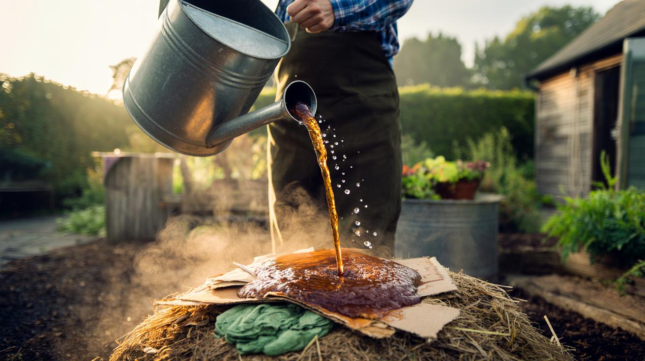 Illustration of diluted molasses water being poured onto a compost heap to feed microbes and speed decomposition in two weeks