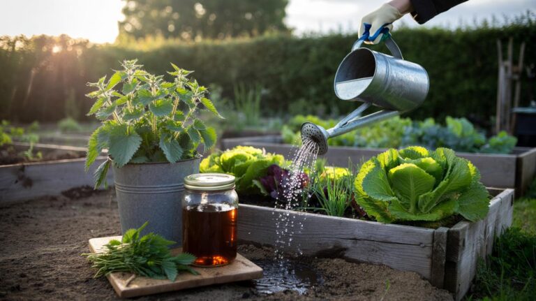 Illustration of nettle tea made from stinging nettles, steeped in a bucket, and used to feed vegetable crops with wild nitrogen