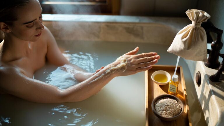 Illustration of a person soaking in a warm bath with colloidal oatmeal, gently massaging skin with an oatmeal scrub to hydrate and soothe dryness