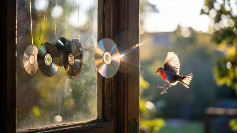Illustration of old CDs suspended outside a window reflecting sunlight to prevent bird strikes
