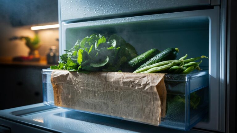 Illustration of old newspaper lining a fridge crisper drawer to absorb moisture and odours from vegetables