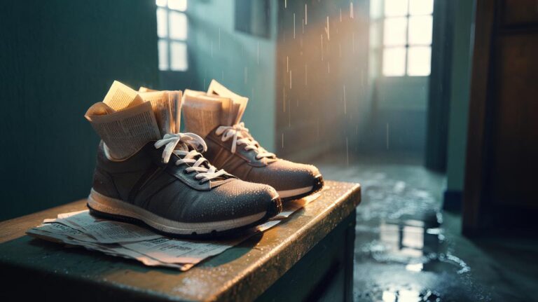 Illustration of crumpled newspaper stuffed into damp trainers overnight to absorb moisture and reduce odour
