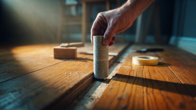 Illustration of a hand inserting a rolled newspaper shim between a floorboard and a joist to silence creaky floorboards