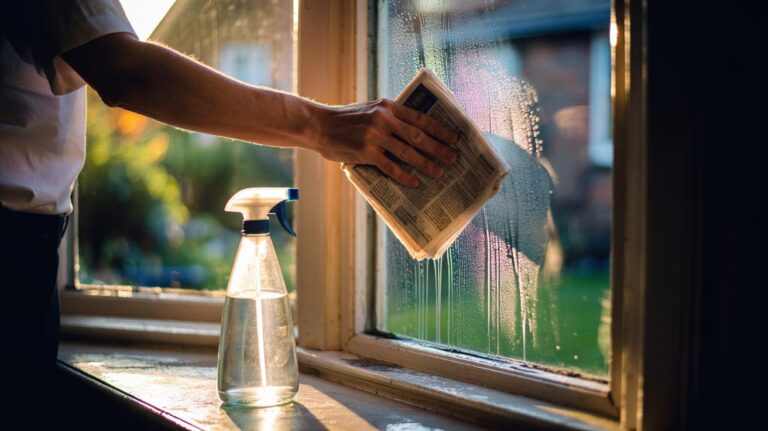 Illustration of old newspaper and a white vinegar and water solution used to clean a window streak-free