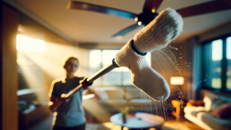 Illustration of an old sock secured on a pole cleaning a ceiling fan blade to capture dust without dropping