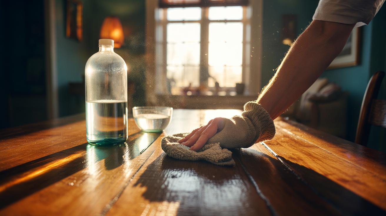 Illustration of an old cotton sock and white vinegar being used to buff and polish a wooden table