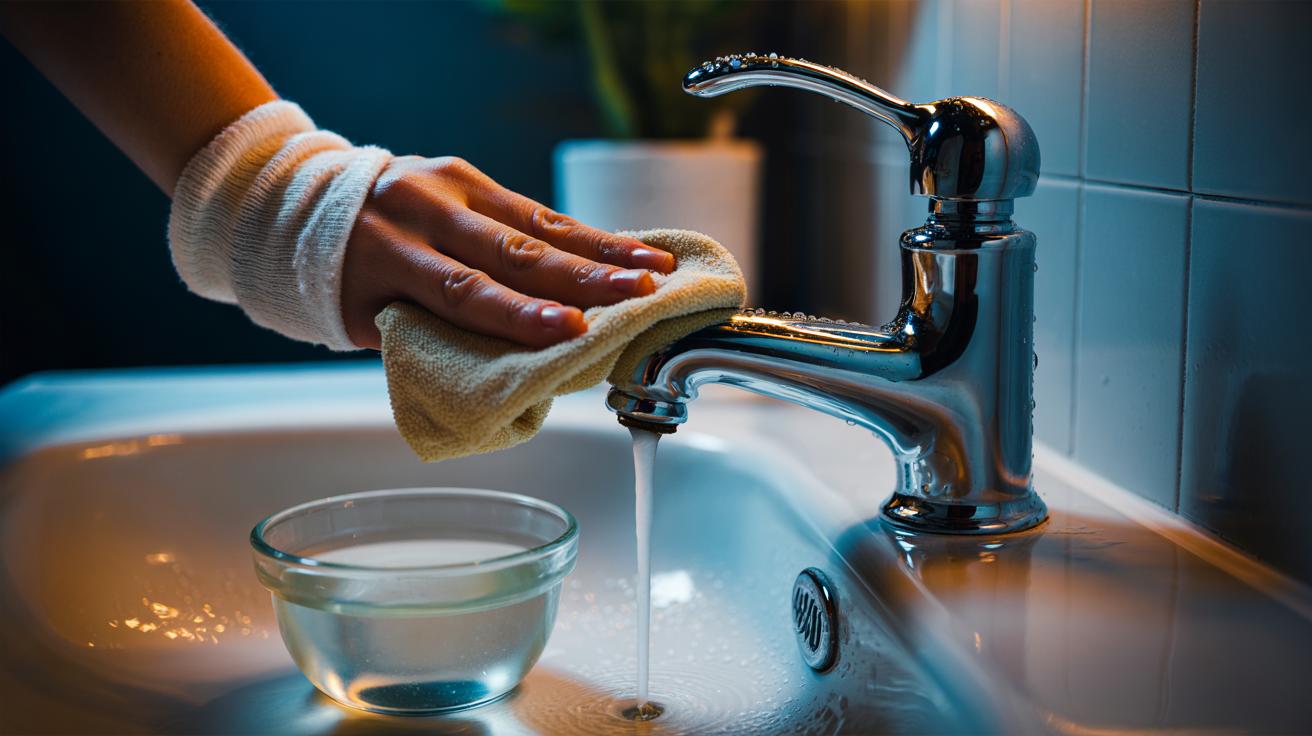 Illustration of a hand wearing an old cotton sock polishing a chrome tap with white vinegar, removing fingerprints