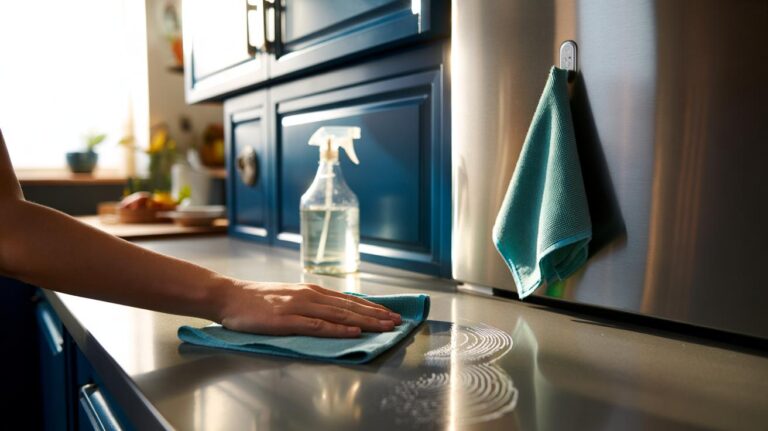 Illustration of a magnetic microfibre cloth stored on a fridge magnet and used for a single weekly pass on kitchen cabinet doors to keep them fingerprint-free