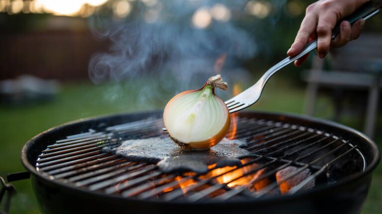 Illustration of a halved onion speared on a fork scrubbing a hot grill grate to remove burnt-on grime