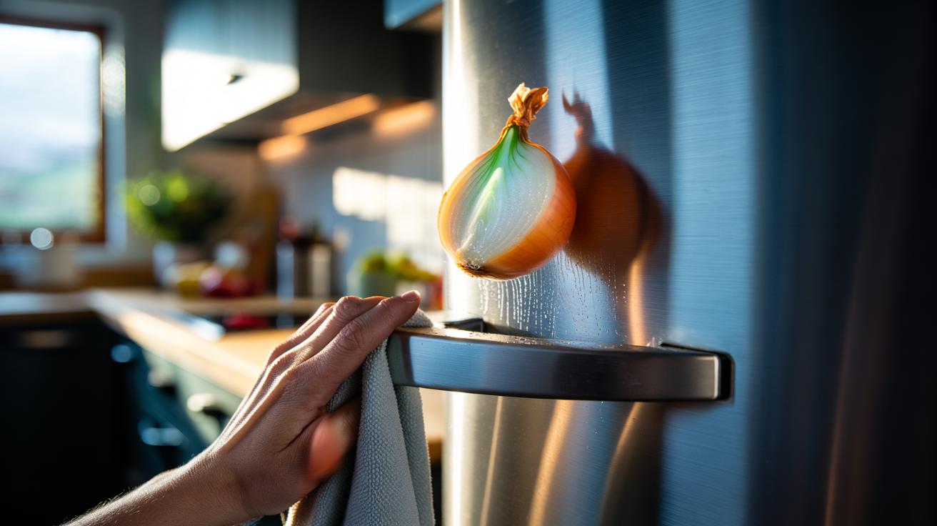 Illustration of a hand rubbing a fresh onion slice on a stainless steel fridge door to prevent fingerprints