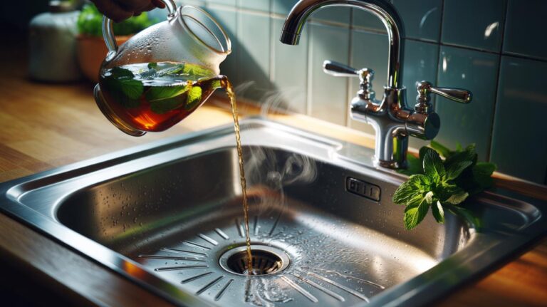Illustration of a hot peppermint leaf infusion being poured into a kitchen sink drain to clear musty odours