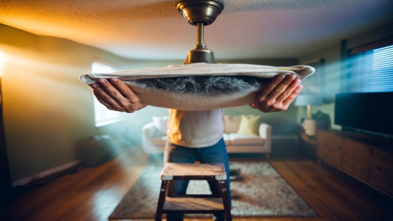 Illustration of a person sliding a pillowcase over a ceiling fan blade to trap dust without any falling
