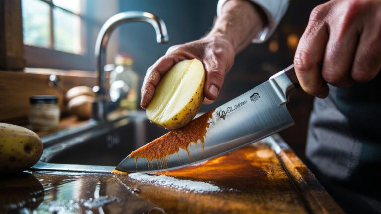 Illustration of a halved potato being used to remove rust stains from a kitchen knife