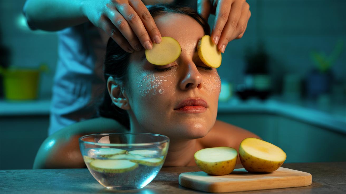 Illustration of placing chilled potato slices on closed eyelids to diminish dark circles.