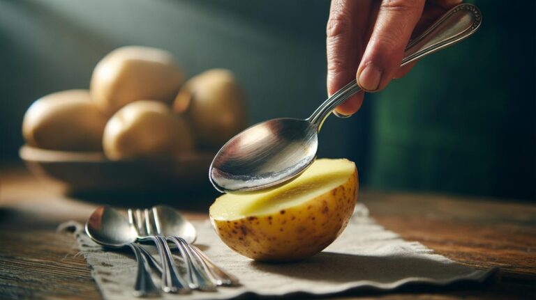Illustration of a hand rubbing a tarnished silver spoon with a raw potato slice to remove tarnish using starch