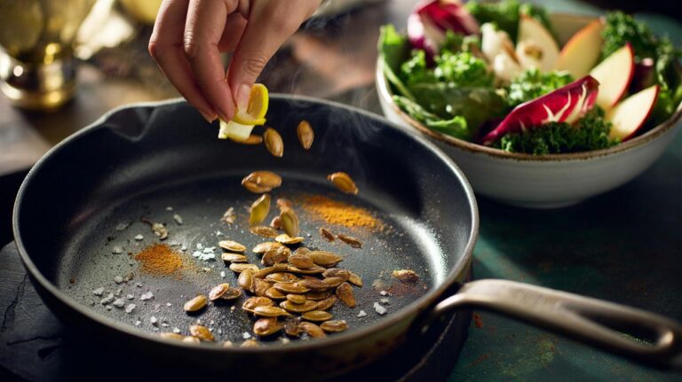 Illustration of toasted pumpkin seeds being pan-roasted in a skillet, ready to be scattered over a salad for extra crunch and nutty flavour