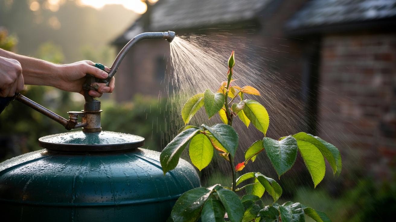 Illustration of a gardener collecting rainwater in a lidded water butt and using it to mist plant leaves with soft water to prevent leaf spot and mineral burn