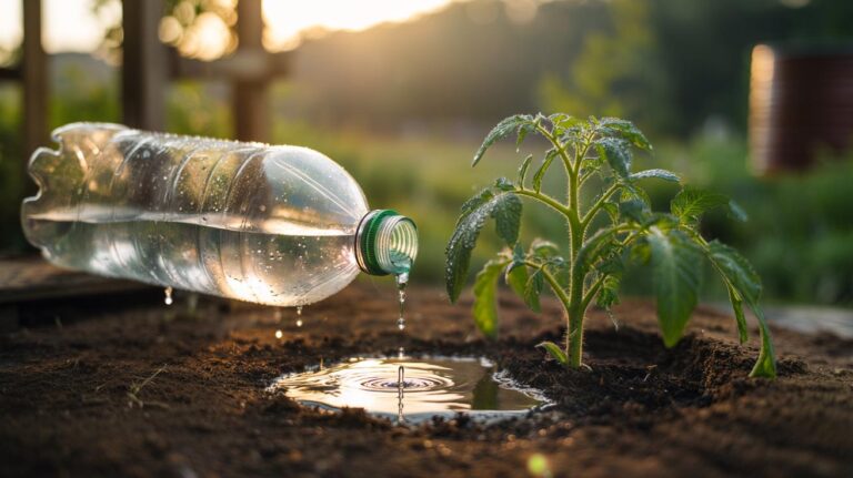 Illustration of a recycled plastic bottle drip irrigation setup delivering slow-release water to plant roots in a garden bed