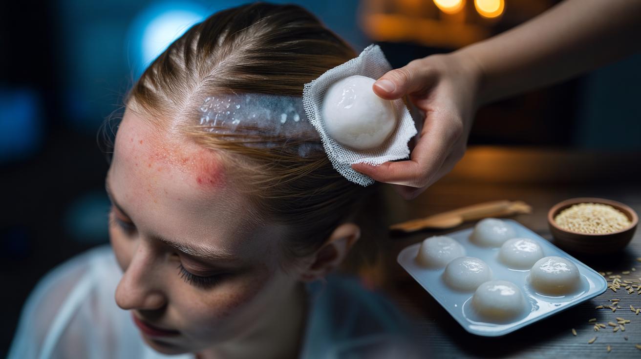 Illustration of rice water ice cubes applied to an irritated scalp for overnight itch relief