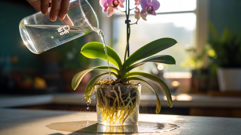 Illustration of diluted rice water being poured through the potting mix of a transparent orchid pot, highlighting the roots