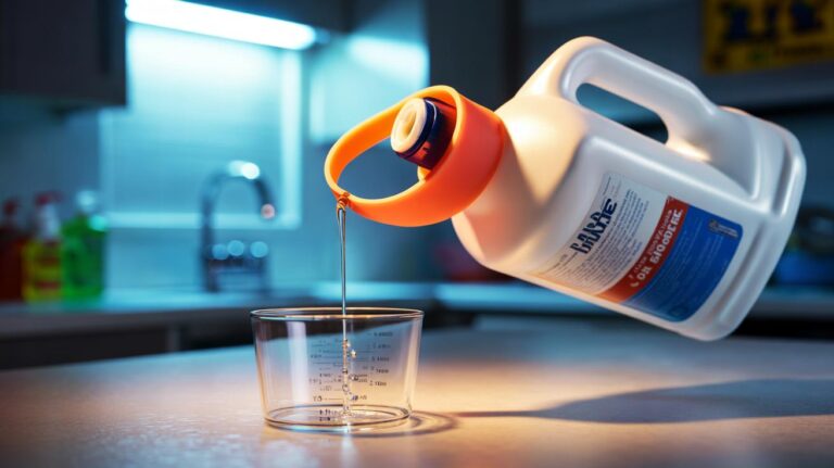 Illustration of a bleach bottle with a rubber band around the neck preventing drips and creating a clean pouring edge