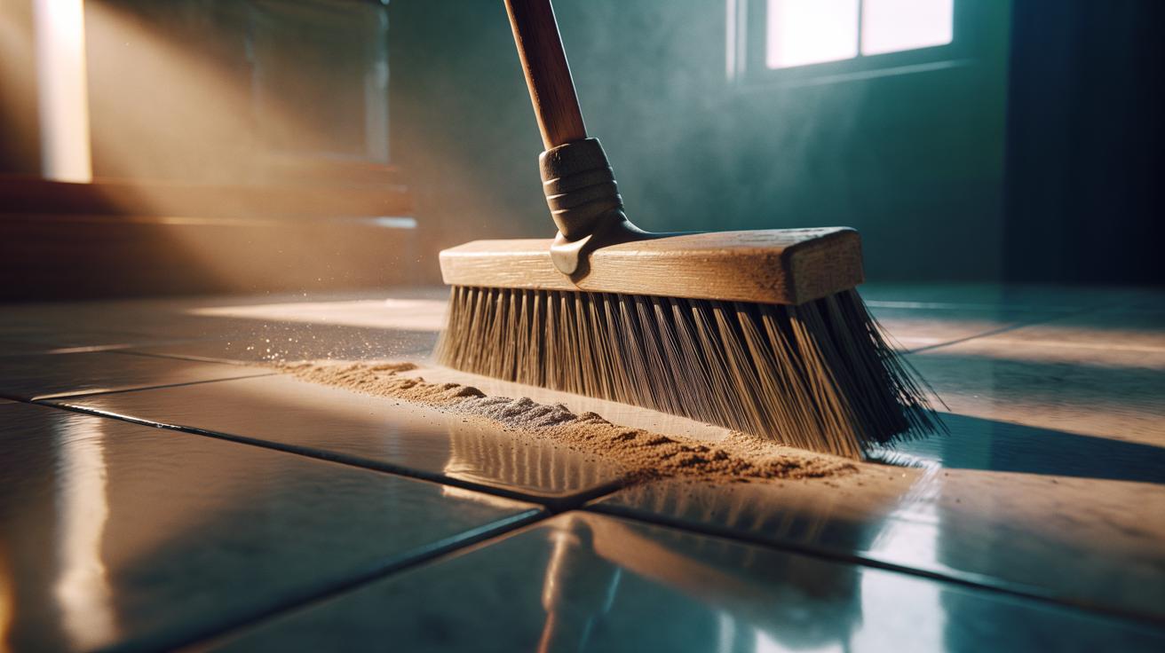 Illustration of a broom head with a rubber band cinching the bristles to restore stiffness and improve sweeping on a hard floor