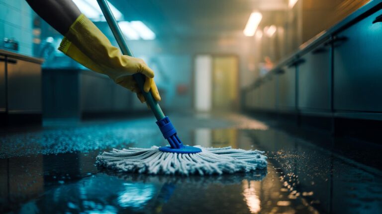Illustration of a rubber band wrapped around a mop handle to prevent slipping and improve grip