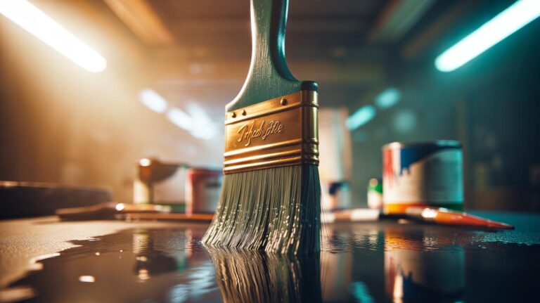 Illustration of a paintbrush with a rubber band wrapped around the bristles to prevent splaying while drying